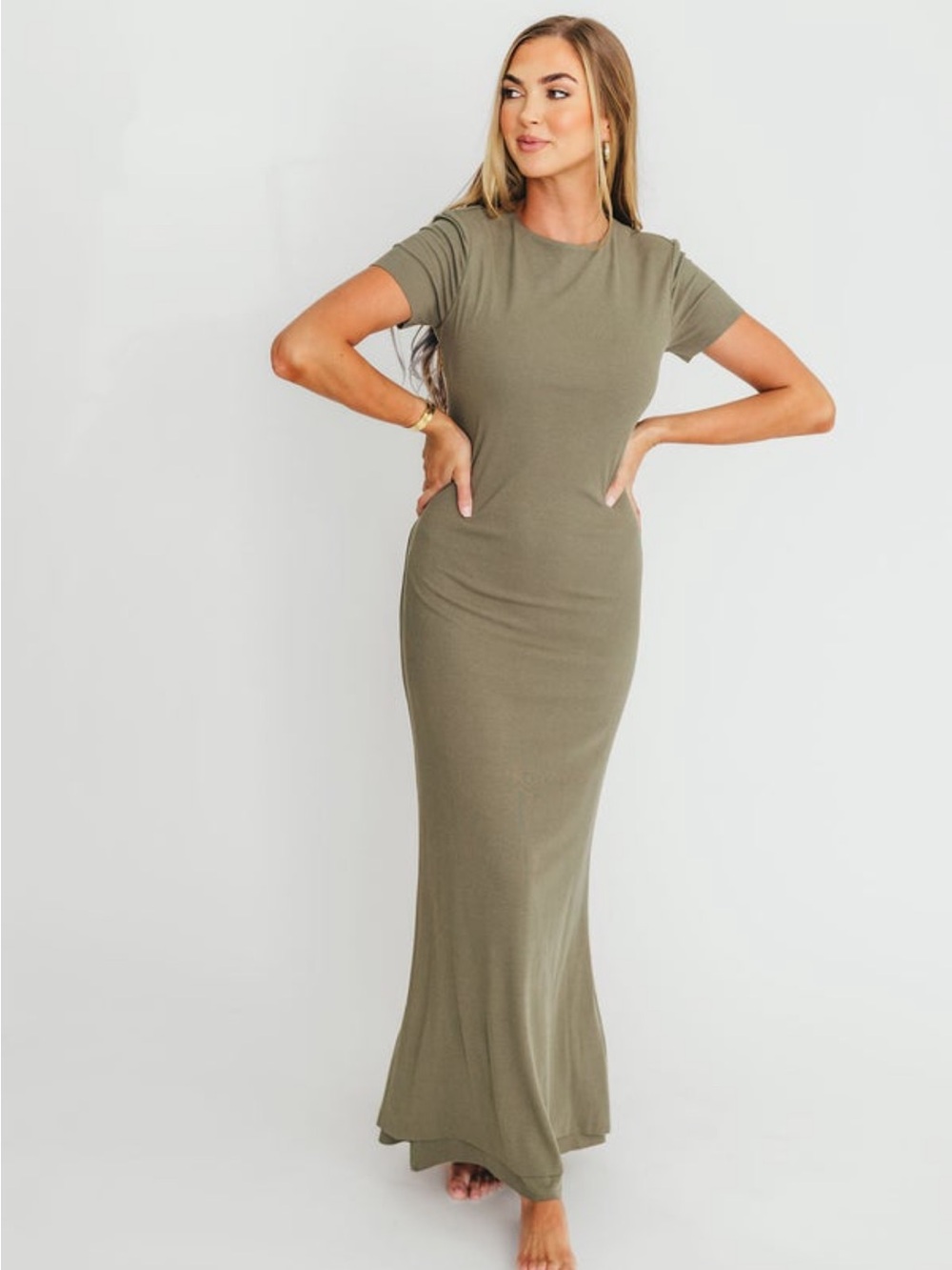 Women's Olive Maxi Tee Dress - Sleek Short Sleeve Style